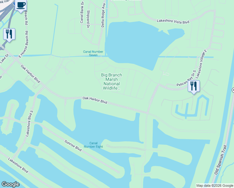 map of restaurants, bars, coffee shops, grocery stores, and more near Oak Harbor Boulevard in Slidell