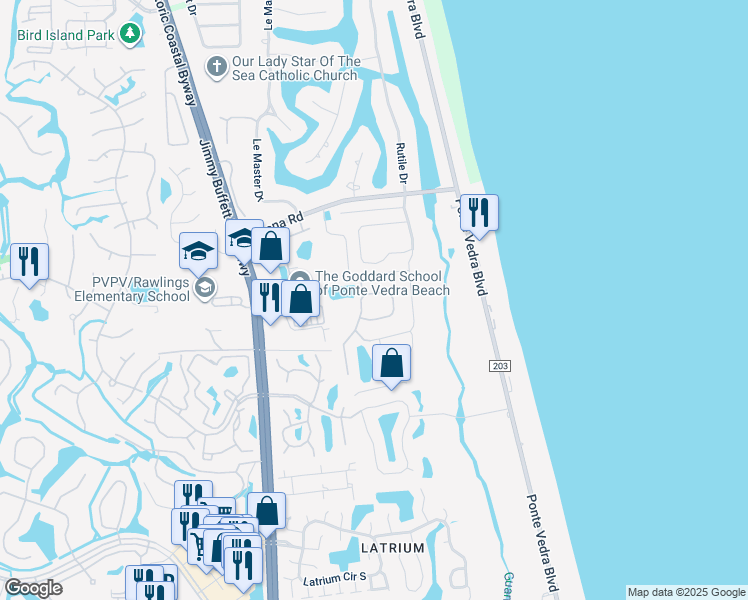 map of restaurants, bars, coffee shops, grocery stores, and more near 313 North Sea Lake Lane in Ponte Vedra Beach