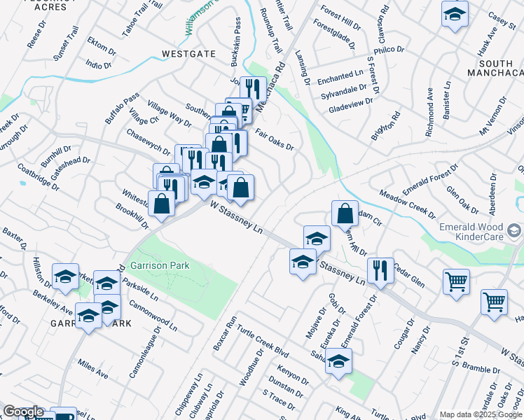 map of restaurants, bars, coffee shops, grocery stores, and more near 5502 Rose Hill Circle in Austin