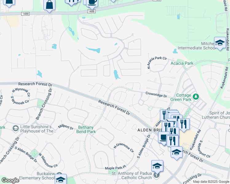 map of restaurants, bars, coffee shops, grocery stores, and more near 78 North Walden Elms Circle in Spring