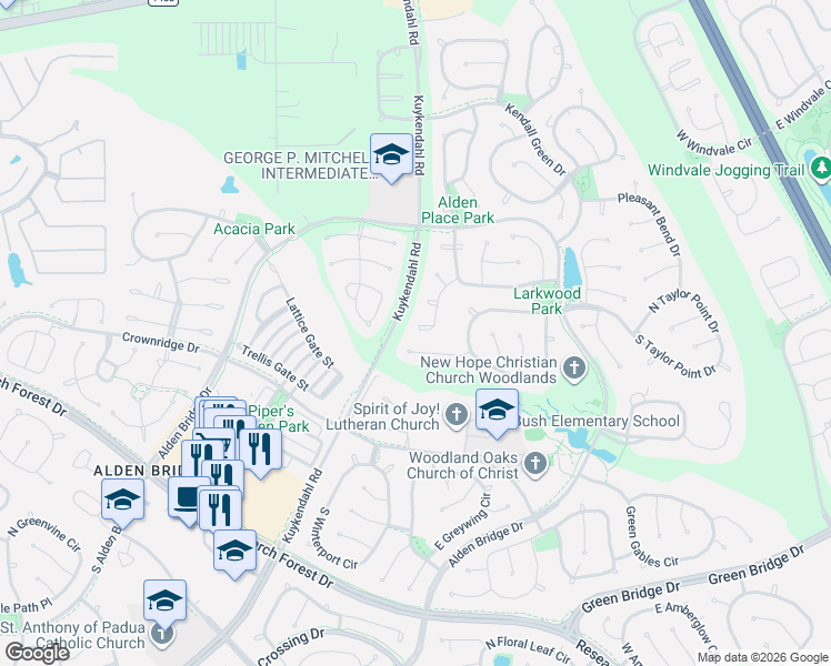 map of restaurants, bars, coffee shops, grocery stores, and more near 10 Vista Mill Place in Spring