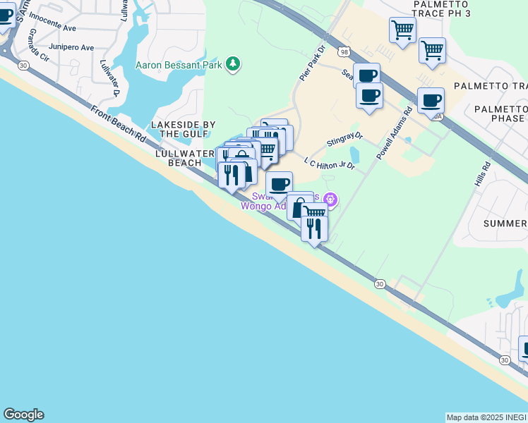 map of restaurants, bars, coffee shops, grocery stores, and more near 14900 Front Beach Road in Panama City Beach