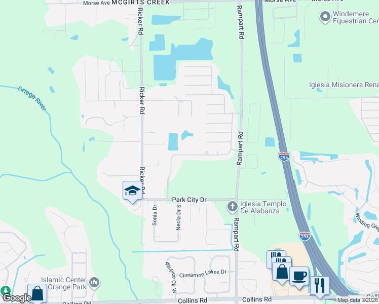 map of restaurants, bars, coffee shops, grocery stores, and more near 7407 Overland Park Boulevard in Jacksonville