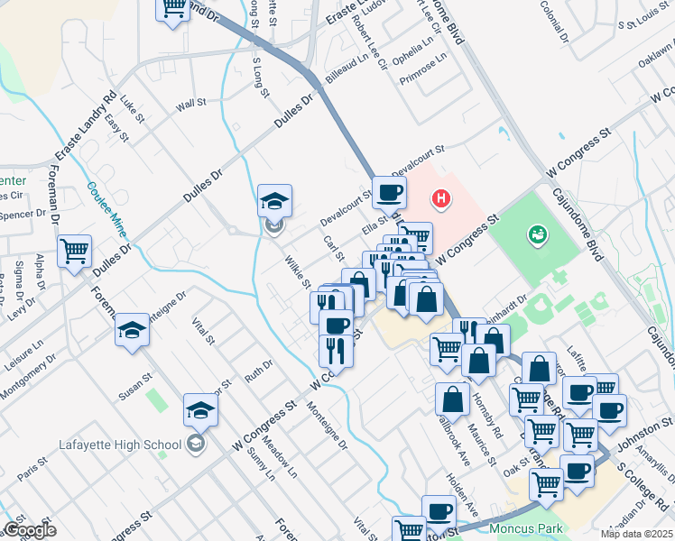 map of restaurants, bars, coffee shops, grocery stores, and more near 304 Rayburn Street in Lafayette
