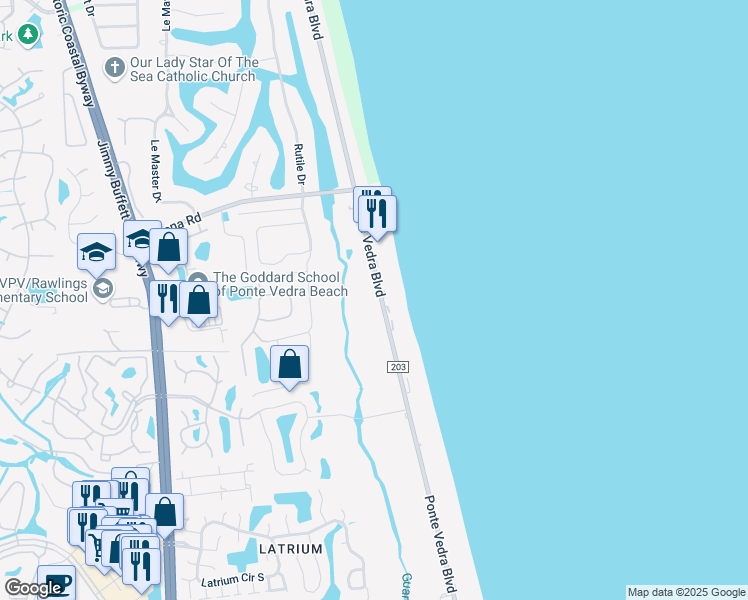 map of restaurants, bars, coffee shops, grocery stores, and more near 628 Ponte Vedra Boulevard in Ponte Vedra Beach