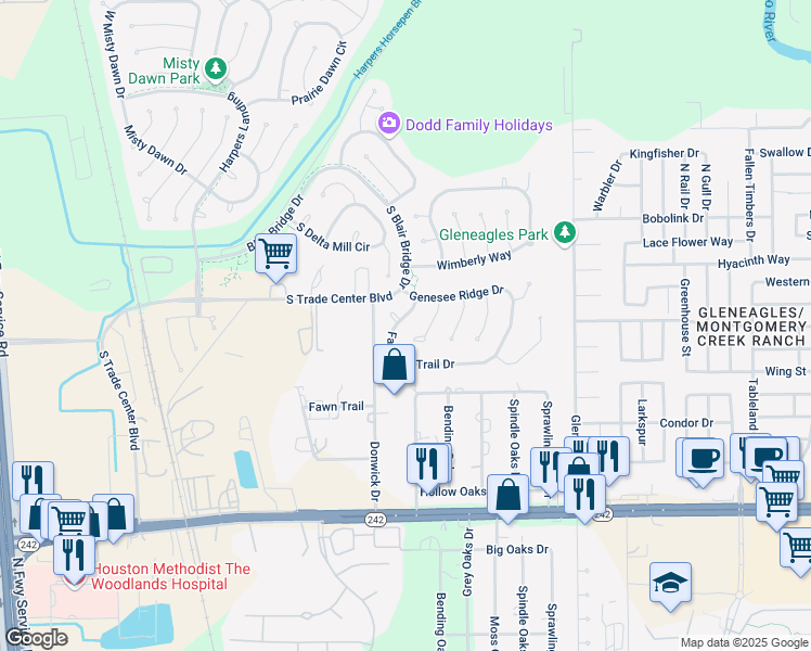 map of restaurants, bars, coffee shops, grocery stores, and more near 262 Fairwind Trail Drive in Conroe