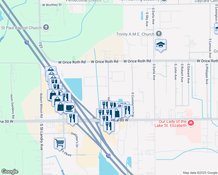 map of restaurants, bars, coffee shops, grocery stores, and more near 2601 Veterans Boulevard in Gonzales