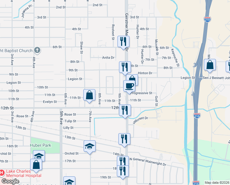 map of restaurants, bars, coffee shops, grocery stores, and more near 1812 9th Ave in Lake Charles