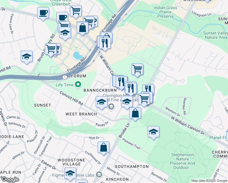 map of restaurants, bars, coffee shops, grocery stores, and more near 3706 Bannockburn Drive in Austin