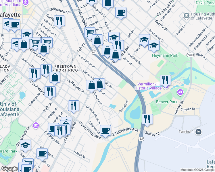 map of restaurants, bars, coffee shops, grocery stores, and more near 106 South Refinery Street in Lafayette