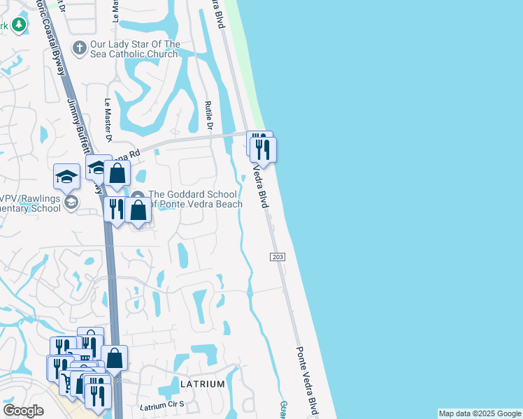 map of restaurants, bars, coffee shops, grocery stores, and more near 628 Ponte Vedra Boulevard in Ponte Vedra Beach