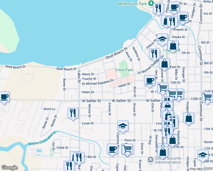 map of restaurants, bars, coffee shops, grocery stores, and more near 520 Helen Street in Lake Charles