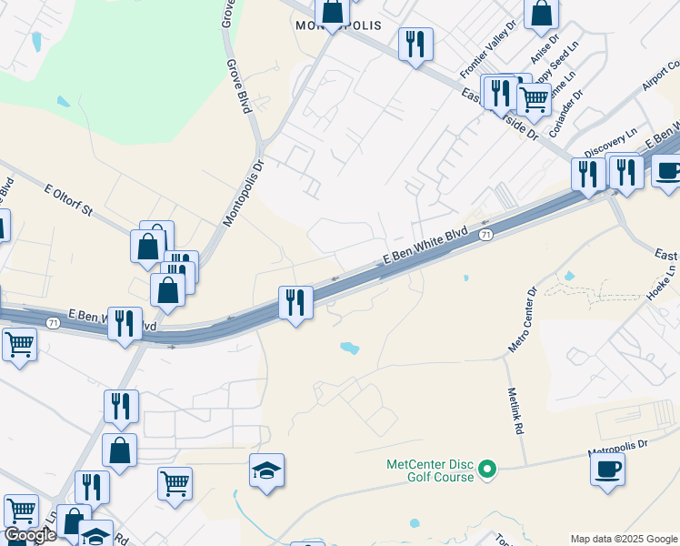 map of restaurants, bars, coffee shops, grocery stores, and more near 6900 E Ben White Blvd in Austin