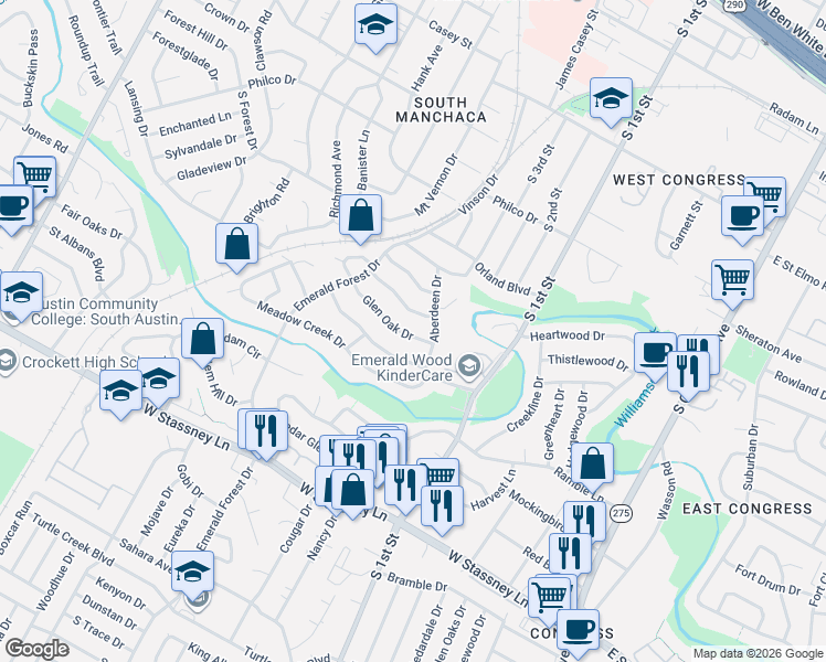 map of restaurants, bars, coffee shops, grocery stores, and more near 801 Glen Oak Drive in Austin
