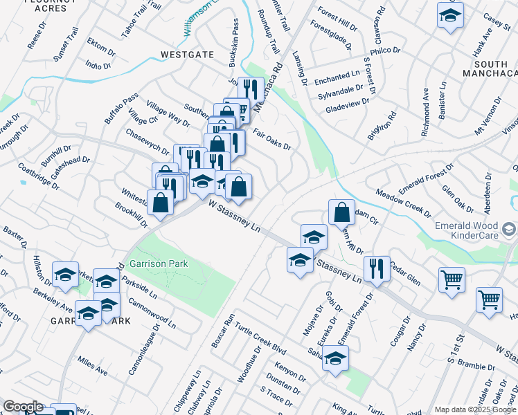 map of restaurants, bars, coffee shops, grocery stores, and more near 5502 Rose Hill Circle in Austin