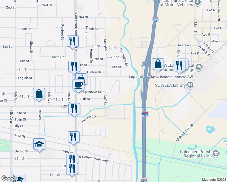 map of restaurants, bars, coffee shops, grocery stores, and more near 216 Gelpi Drive in Lake Charles