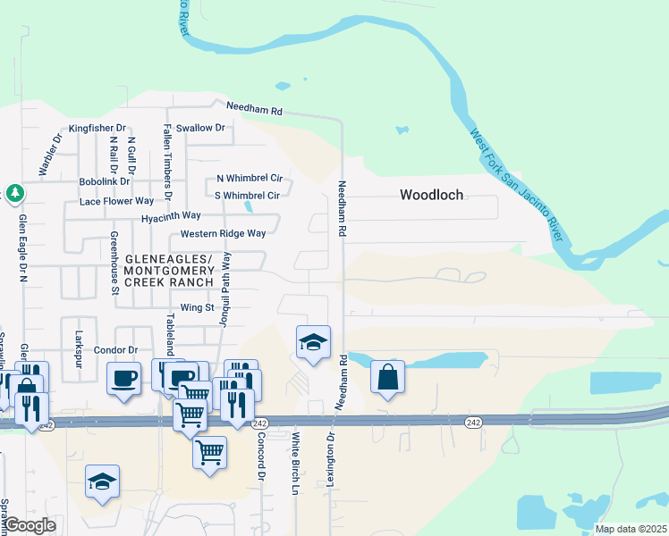 map of restaurants, bars, coffee shops, grocery stores, and more near 16433 Olive Sparrow Drive in Conroe
