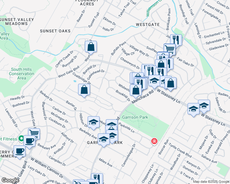 map of restaurants, bars, coffee shops, grocery stores, and more near 2207 Brookhill Drive in Austin