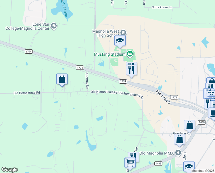 map of restaurants, bars, coffee shops, grocery stores, and more near 32602 Old Hempstead Road in Magnolia