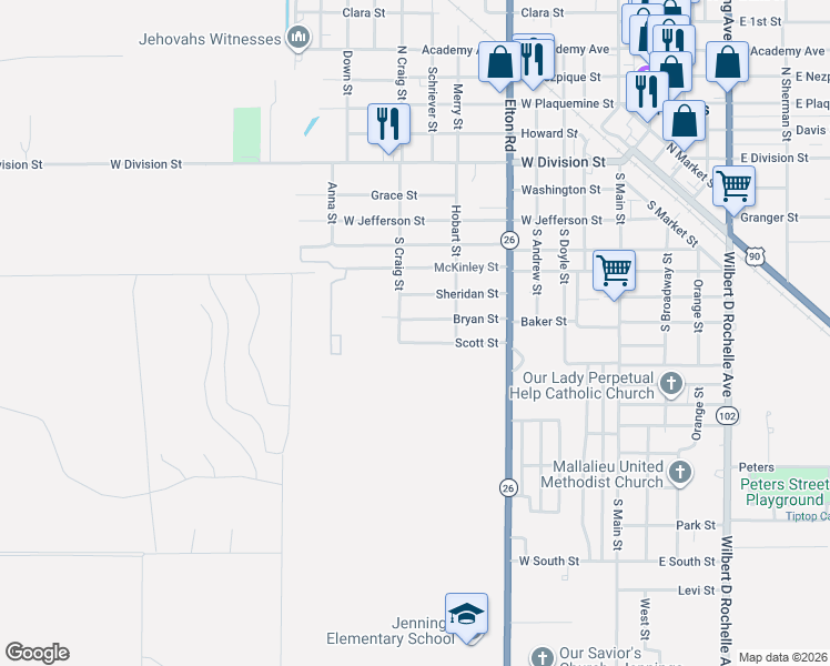 map of restaurants, bars, coffee shops, grocery stores, and more near 701-899 Scott St in Jennings