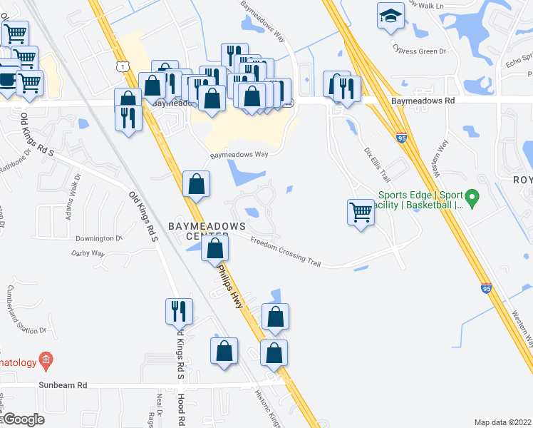 map of restaurants, bars, coffee shops, grocery stores, and more near 8335-1 Freedom Crossing Ap in Jacksonville