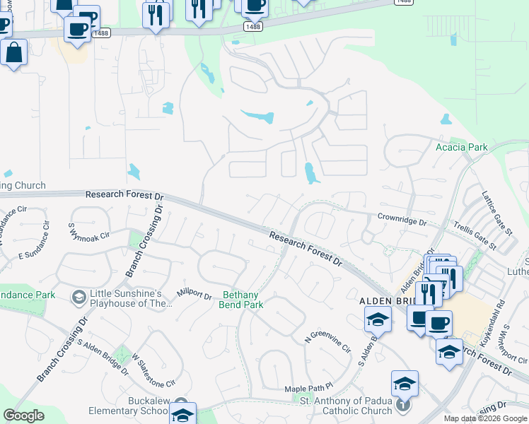 map of restaurants, bars, coffee shops, grocery stores, and more near 67 Eagle Mead Place in Spring
