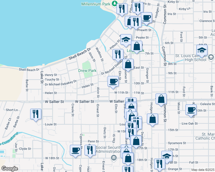 map of restaurants, bars, coffee shops, grocery stores, and more near 1817 Ethel Street in Lake Charles