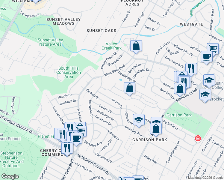 map of restaurants, bars, coffee shops, grocery stores, and more near 2601 Amur Drive in Austin