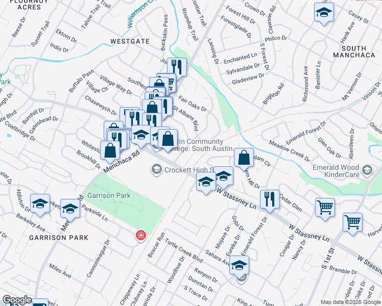 map of restaurants, bars, coffee shops, grocery stores, and more near 5502 Rose Hill Circle in Austin