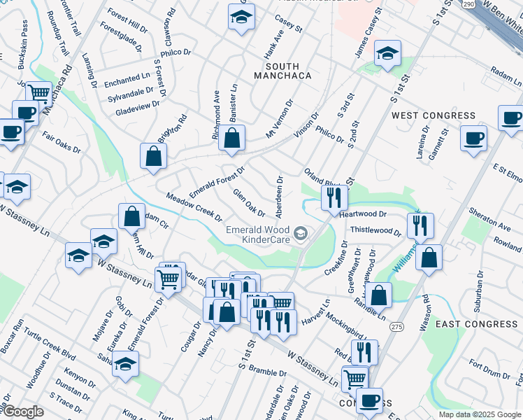 map of restaurants, bars, coffee shops, grocery stores, and more near 808 Glen Oak Drive in Austin