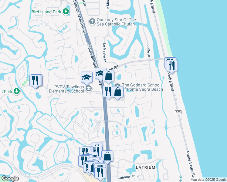 map of restaurants, bars, coffee shops, grocery stores, and more near 35 Executive Way in Ponte Vedra Beach