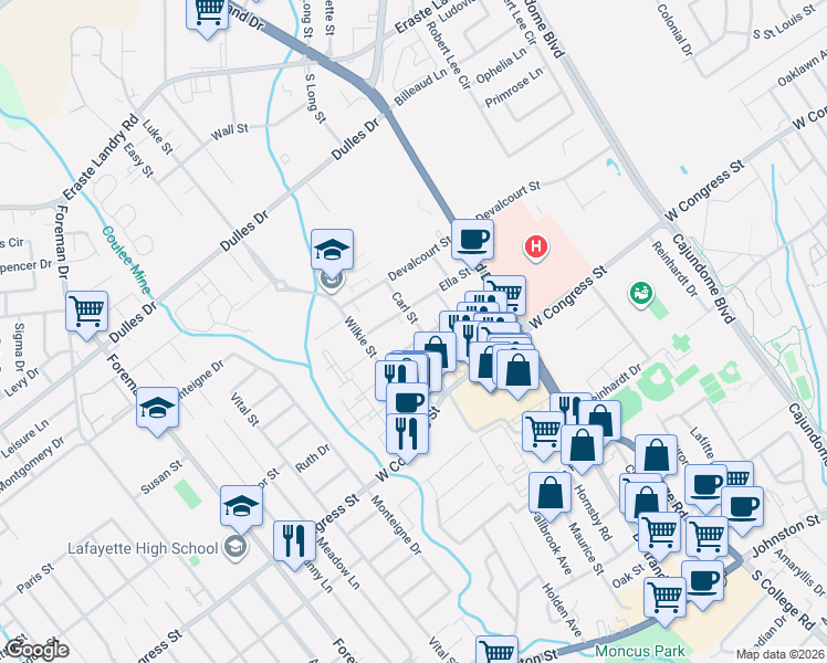 map of restaurants, bars, coffee shops, grocery stores, and more near 301-303 Rayburn Street in Lafayette