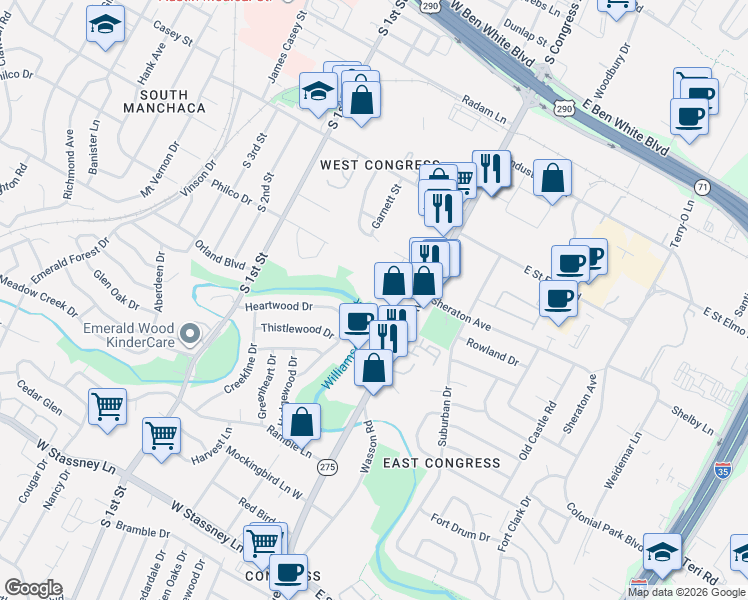 map of restaurants, bars, coffee shops, grocery stores, and more near 320 Heartwood Drive in Austin