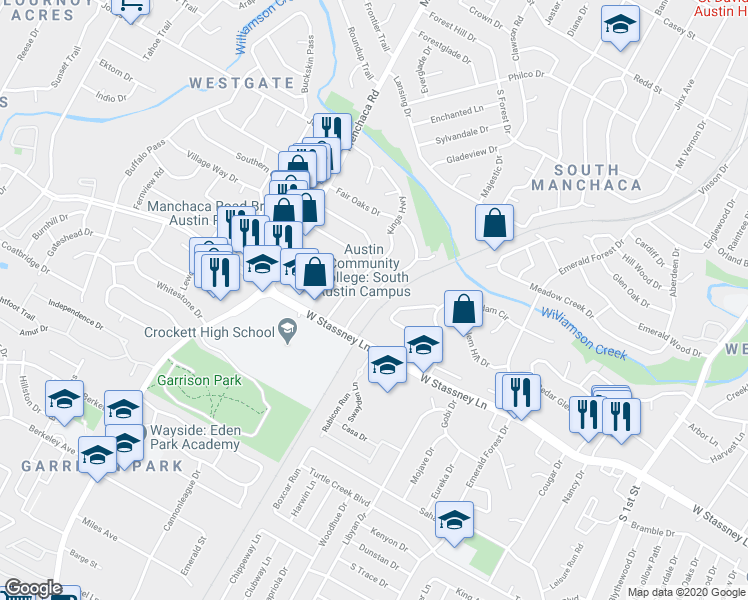 map of restaurants, bars, coffee shops, grocery stores, and more near 1420 Salem Meadow Circle in Austin