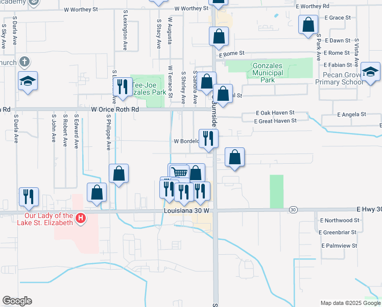 map of restaurants, bars, coffee shops, grocery stores, and more near 299 West Jeansonne Street in Gonzales