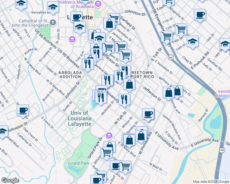 map of restaurants, bars, coffee shops, grocery stores, and more near 428 Stevenson Street in Lafayette