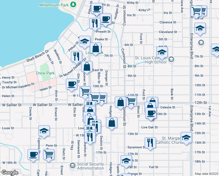 map of restaurants, bars, coffee shops, grocery stores, and more near 480 10th Street in Lake Charles