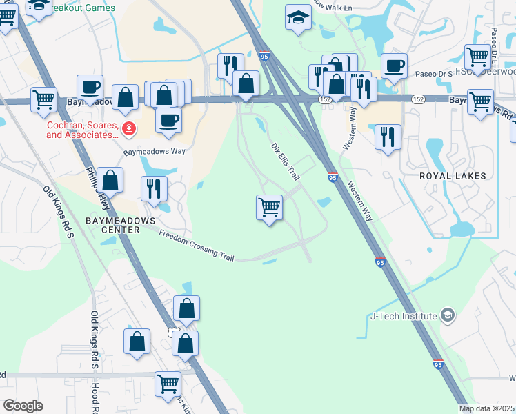 map of restaurants, bars, coffee shops, grocery stores, and more near 8900 Prominence Parkway in Jacksonville