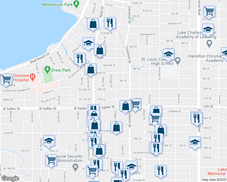 map of restaurants, bars, coffee shops, grocery stores, and more near 470 10th Street in Lake Charles