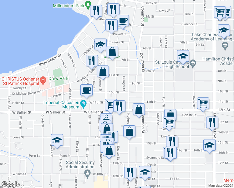 map of restaurants, bars, coffee shops, grocery stores, and more near 1817 Bilbo Street in Lake Charles
