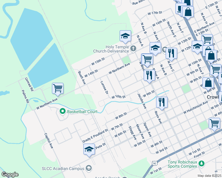map of restaurants, bars, coffee shops, grocery stores, and more near 1205 Mockingbird Ln in Crowley