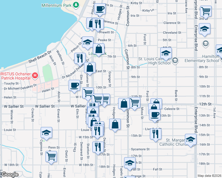 map of restaurants, bars, coffee shops, grocery stores, and more near 450 10th Street in Lake Charles