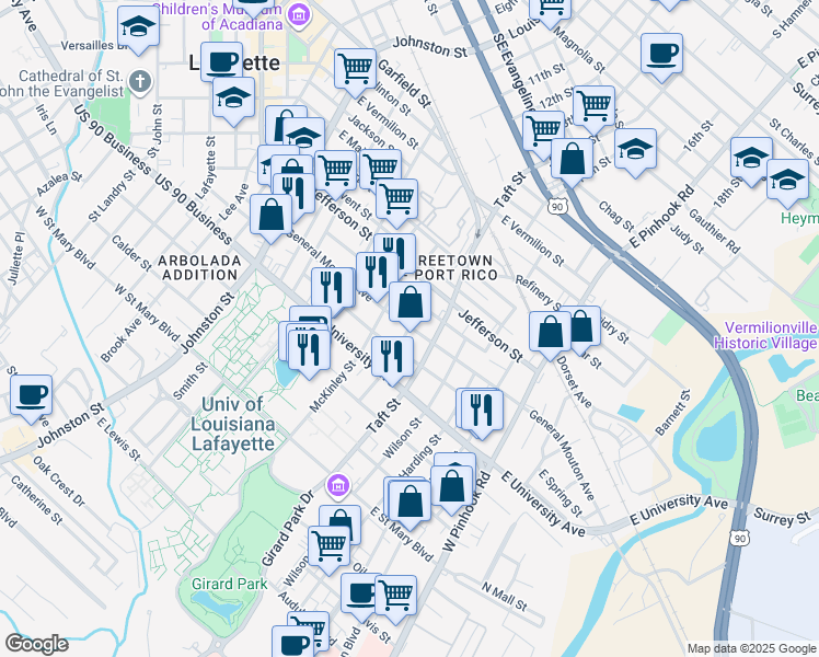 map of restaurants, bars, coffee shops, grocery stores, and more near 311 Roosevelt Street in Lafayette