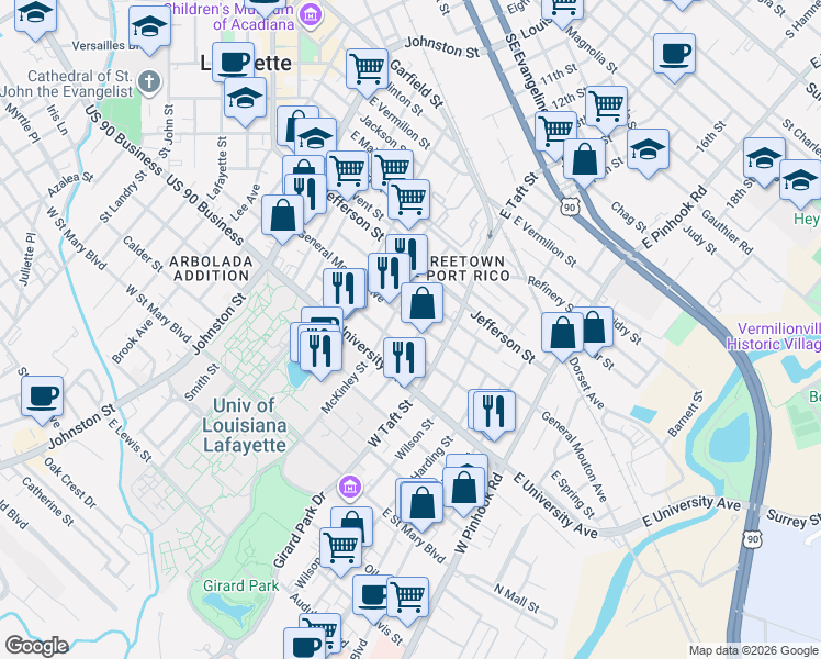 map of restaurants, bars, coffee shops, grocery stores, and more near 311 Roosevelt Street in Lafayette