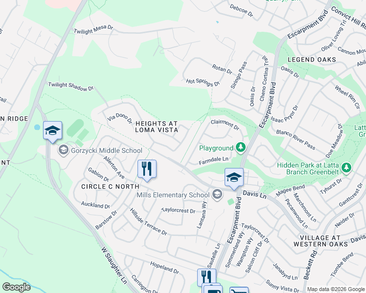 map of restaurants, bars, coffee shops, grocery stores, and more near 6701 Via Correto Drive in Austin