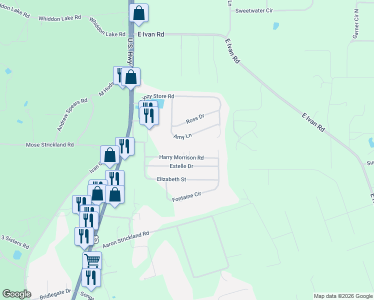 map of restaurants, bars, coffee shops, grocery stores, and more near 86 Estelle Drive in Crawfordville