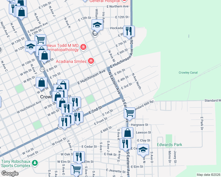 map of restaurants, bars, coffee shops, grocery stores, and more near 701-705 East 3rd Street in Crowley