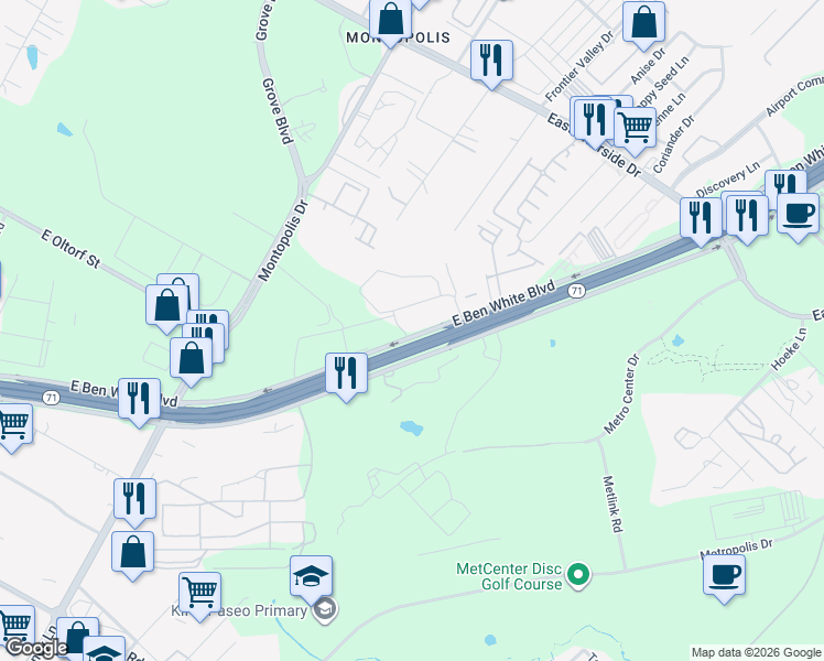 map of restaurants, bars, coffee shops, grocery stores, and more near 6928 East Ben White Boulevard in Austin