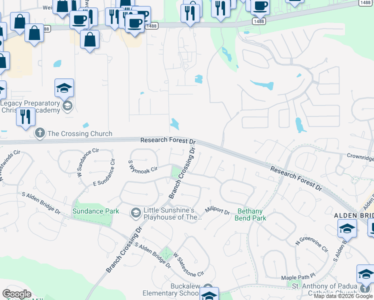 map of restaurants, bars, coffee shops, grocery stores, and more near 26 Tallow Hill Place in Spring