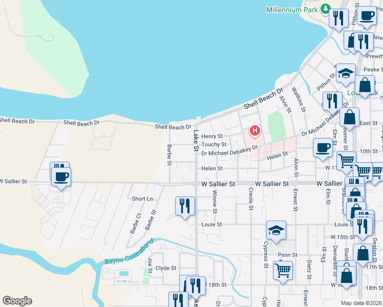 map of restaurants, bars, coffee shops, grocery stores, and more near 801 St Anthony St in Lake Charles